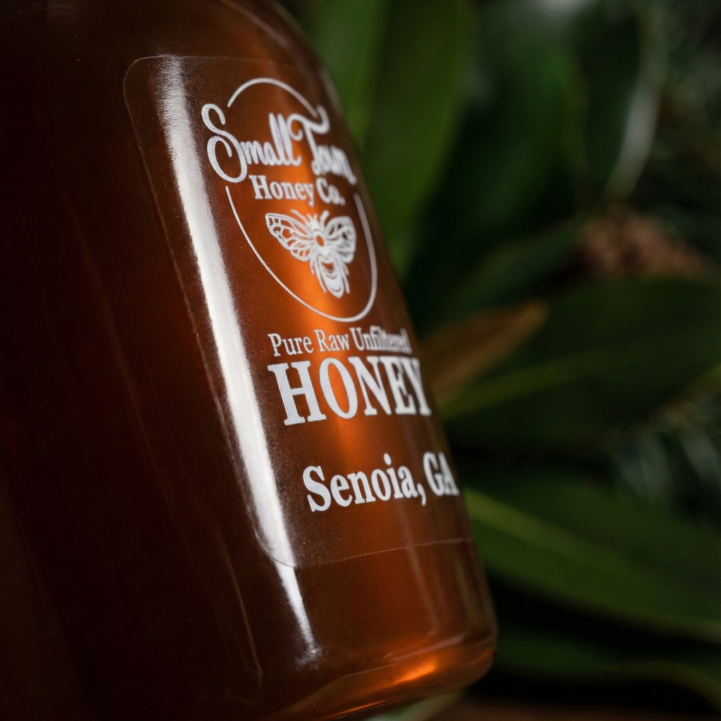 Macro close up of Small Town Honey Co. label focusing on the words Bottled in Senoia GA and Raw Unfiltered.