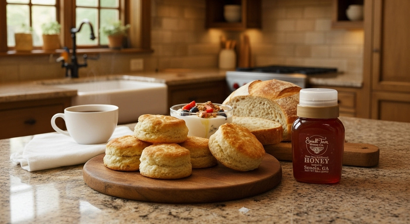 Biscuits on a wooden board with a jar of honey on a kitchen counter.