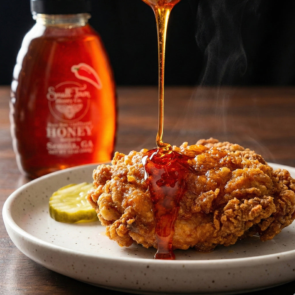 Crispy southern fried chicken drumstick steaming hot being drizzled with a glaze of spicy hot honey.