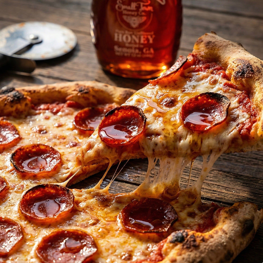 Slice of pepperoni pizza with melted cheese stretch being drizzled with spicy hot honey glaze on a wooden table.