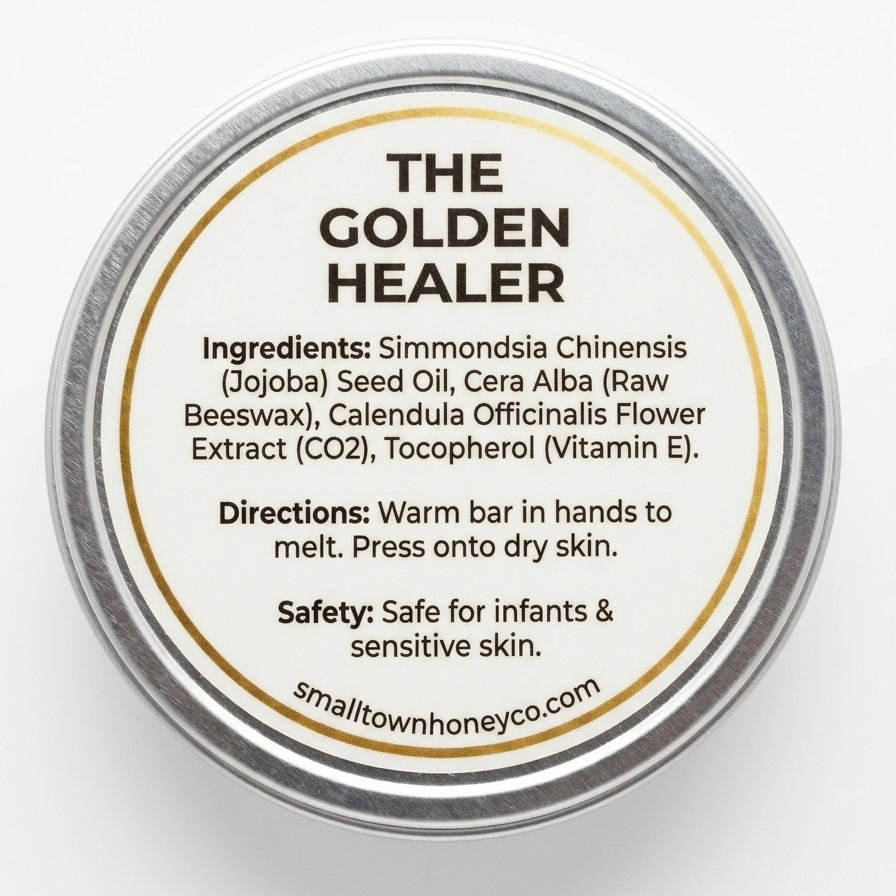 Container labeled 'The Golden Healer' with ingredient list and usage instructions on a white background.