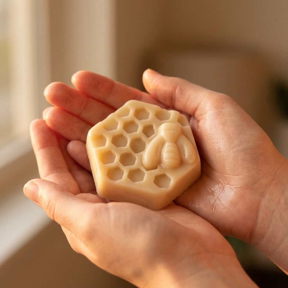 Hand holding a honeycomb-shaped waterless lotion bar with a bee design.