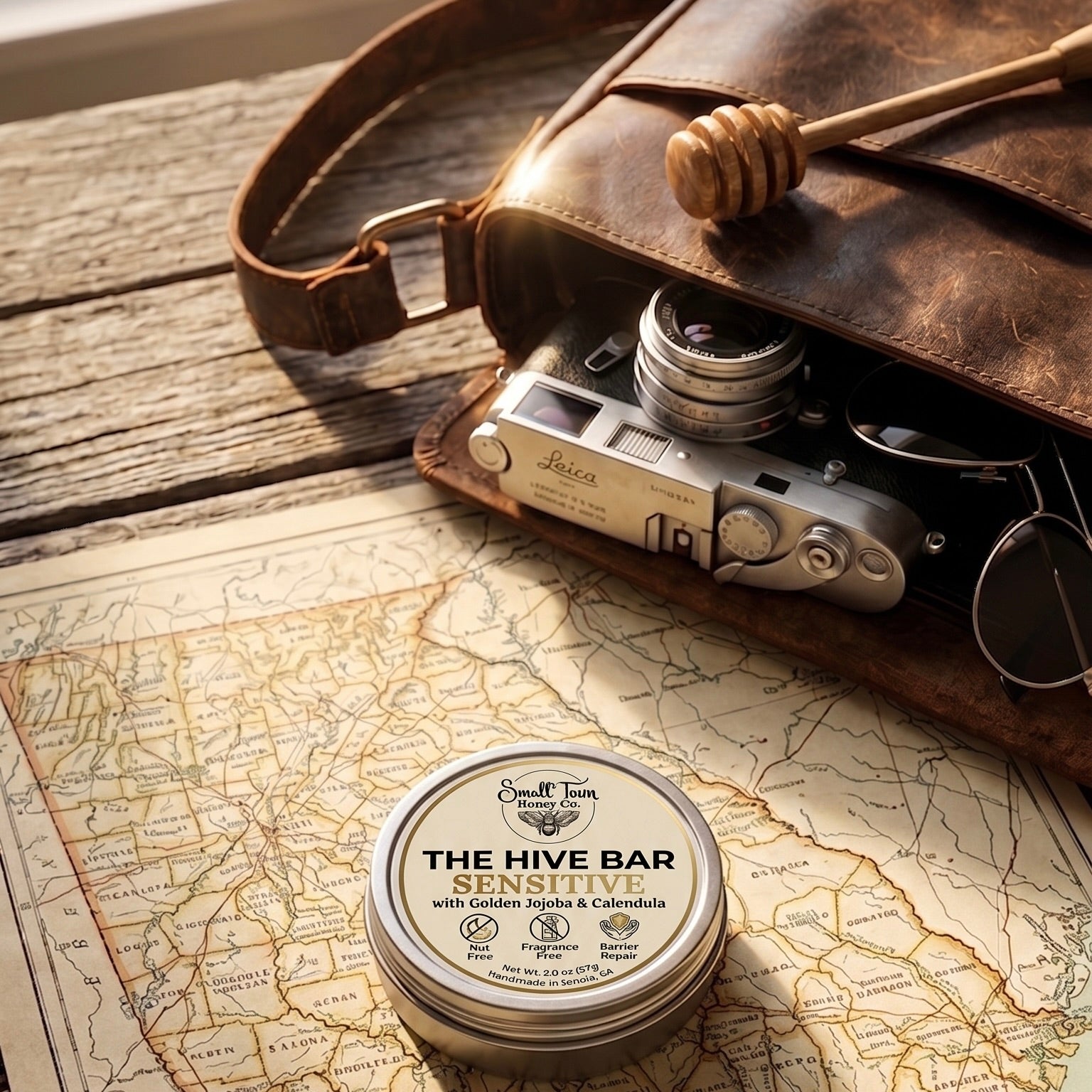 Small tin labeled 'The Hive Bar' on a map with a leather bag and camera in the background