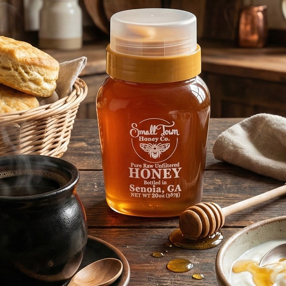 Bottle of local Senoia raw honey sitting on a rustic wooden breakfast table next to hot coffee and biscuits.