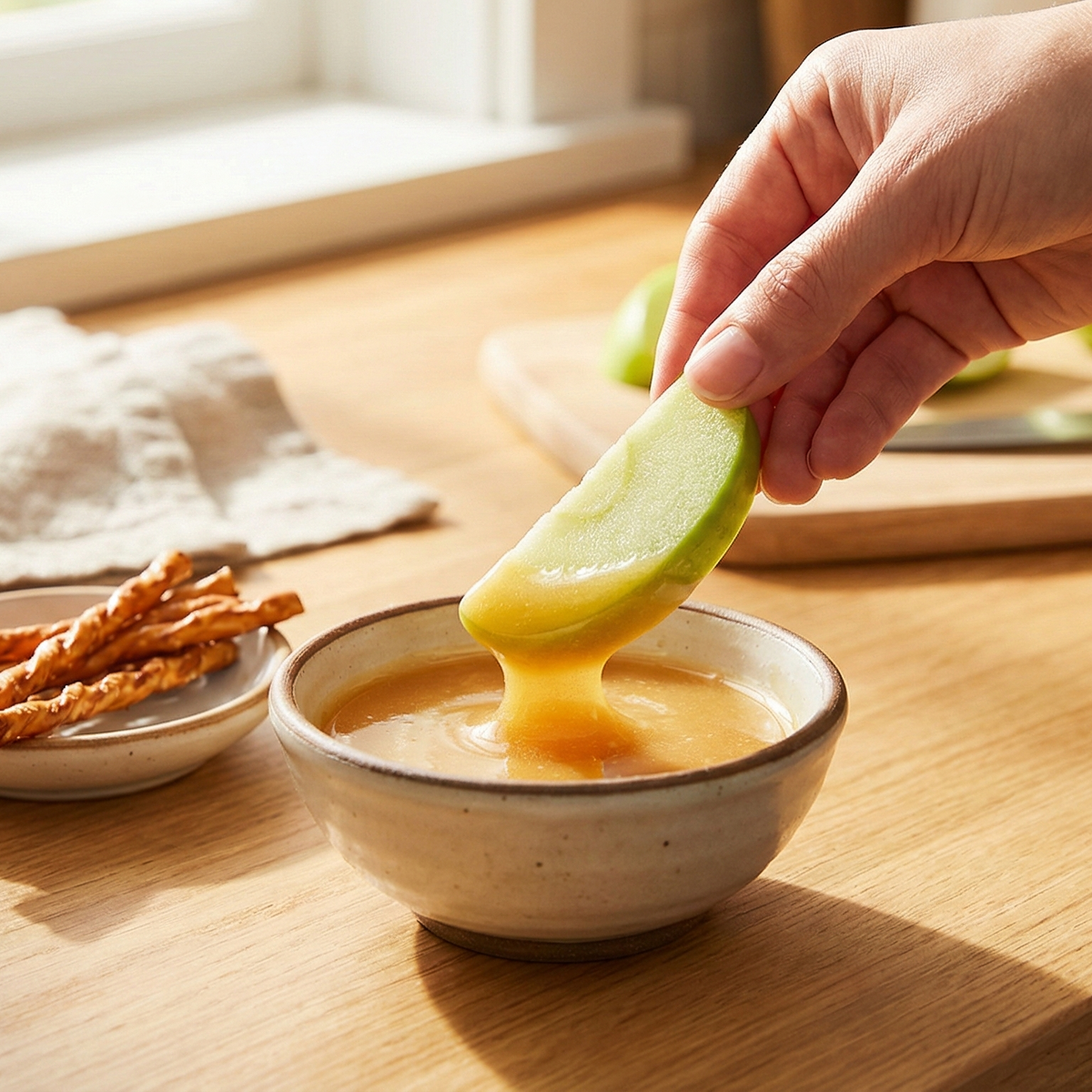 Hand dipping a crisp green apple slice into a bowl of thick creamy spun honey next to pretzels for a healthy snack.