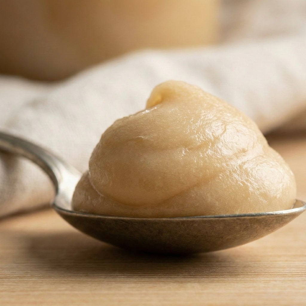 Side view of silver spoon holding a high mound of thick whipped spun honey proving non-drip consistency.