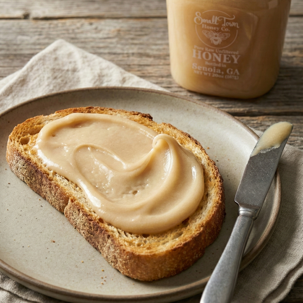 Thick layer of creamy spun honey spread on toasted artisan sourdough bread showing smooth spreadable texture.